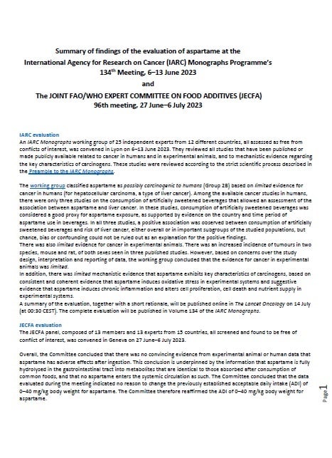 Summary of findings of the evaluation of aspartame at the International Agency for Research on Cancer (IARC) Monographs Programme’s 134th Meeting, and the Joint FAO/WHO Expert Committee on Food Additives (JECFA) 96th meeting