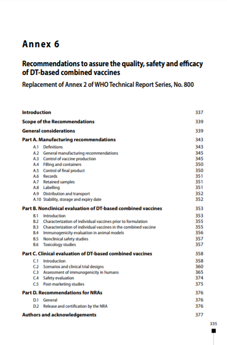 Recommendations to assure the quality, safety and efficacy of DT-based combined vaccines, Annex 6, TRS No 980